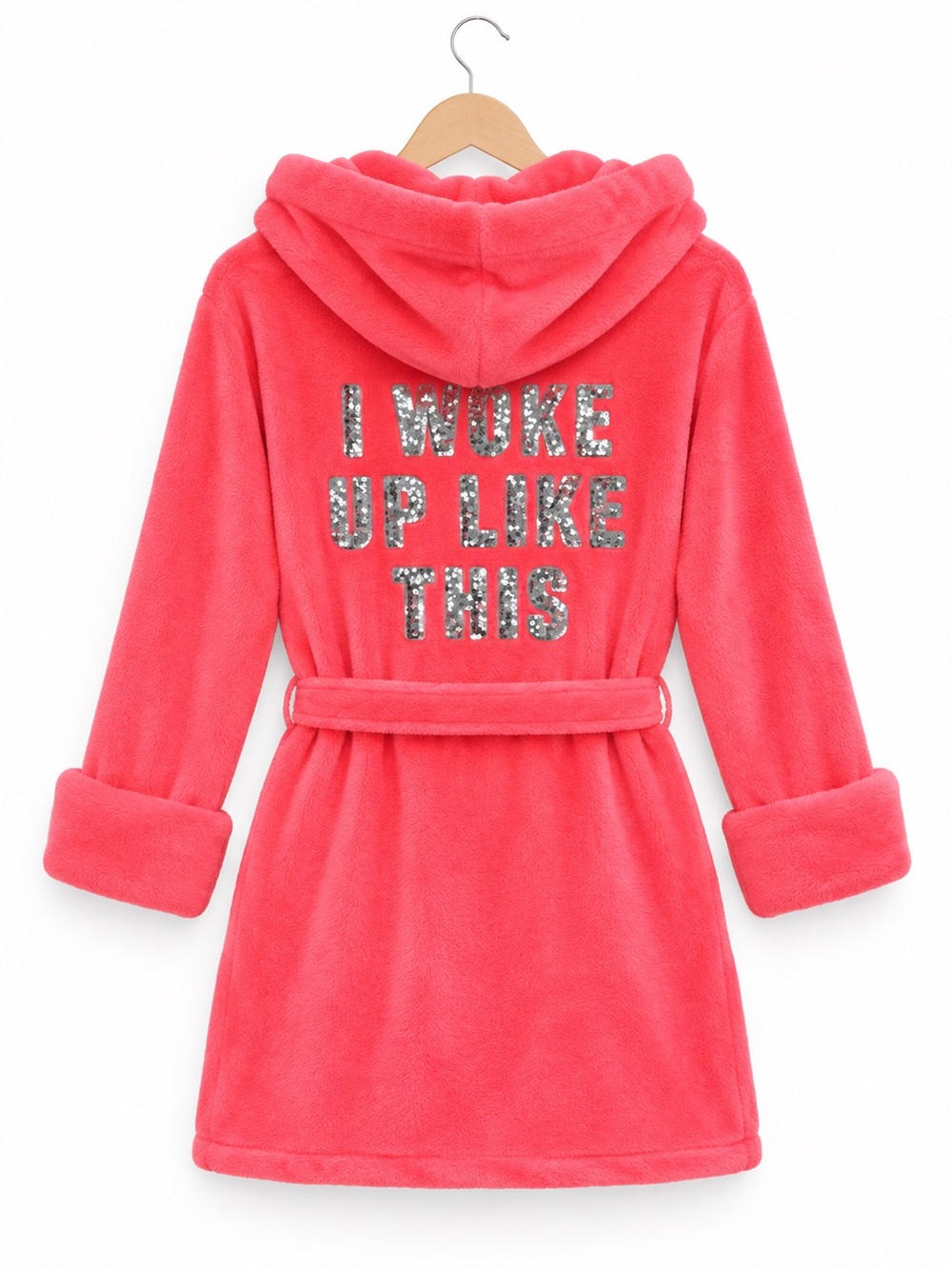 VS PINK hot pink plush soft cozy sequined short robe I woke up like this bling S